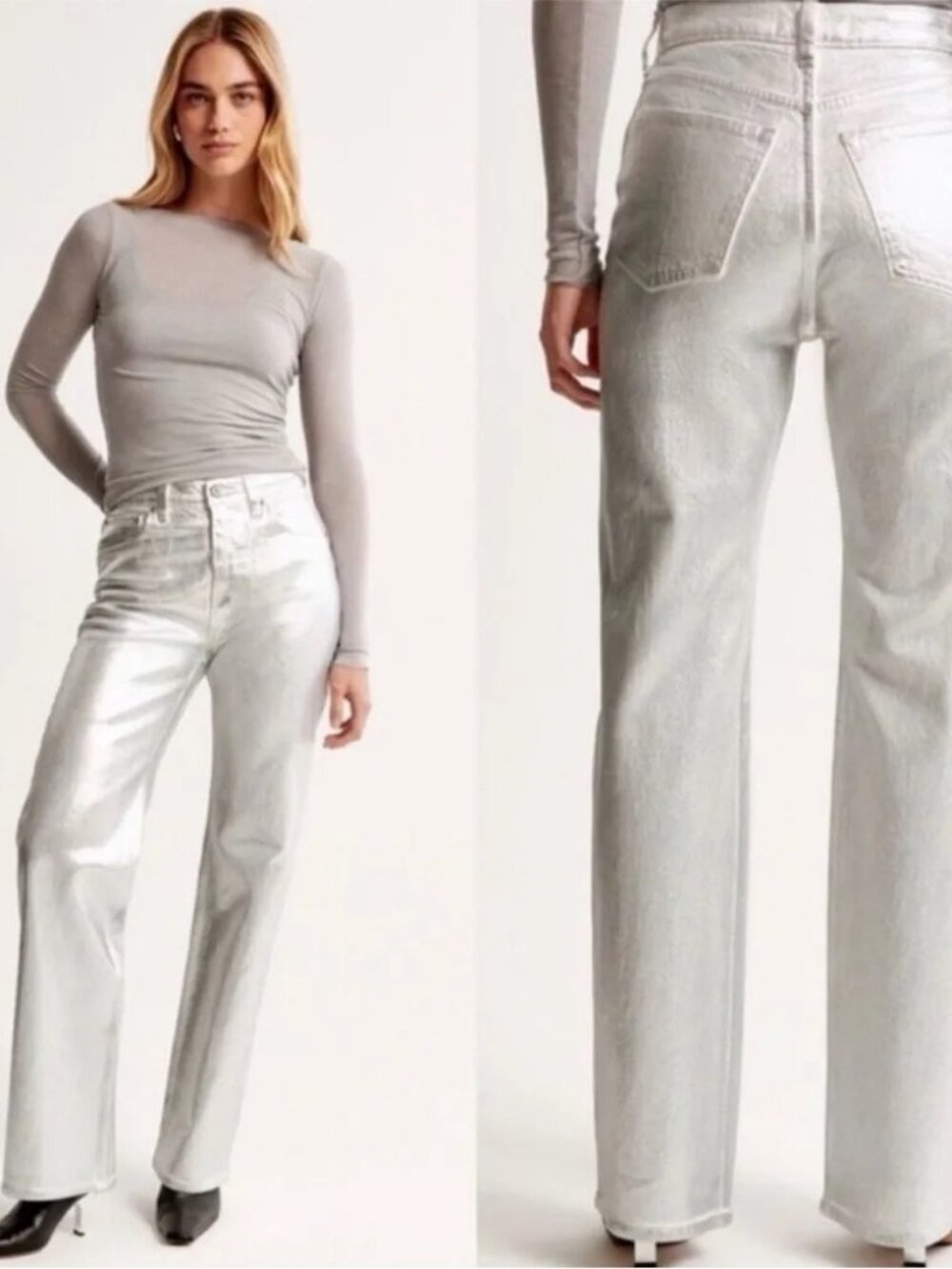 Abercrombie Curve Love 90s Straight Vegan Leather Pants Silver 32 NWT